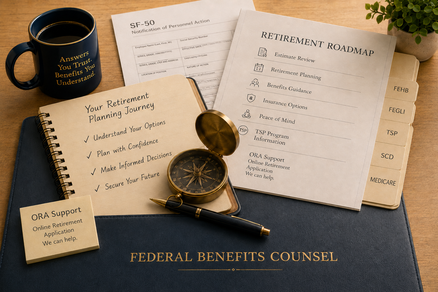 Federal retirement planning desk with SF-50 paperwork, a retirement roadmap, compass, and branded notebook